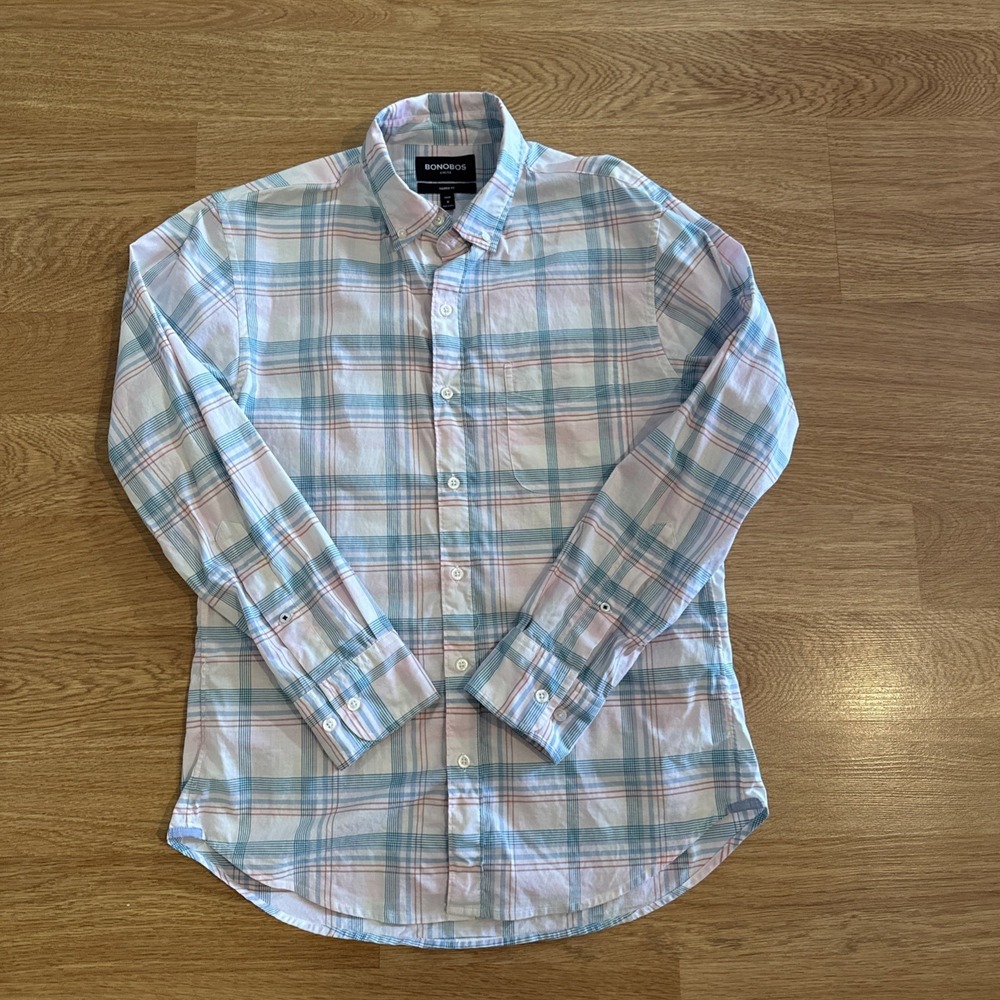 Bonobos Shirt Men's Medium Short‎ Tailored Fit Stretch Multicolor Plaid Preppy